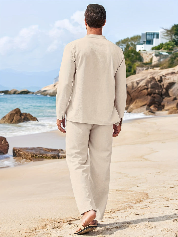 Men's Long Sleeve V-Neck Two-Piece Set, Top & Trousers