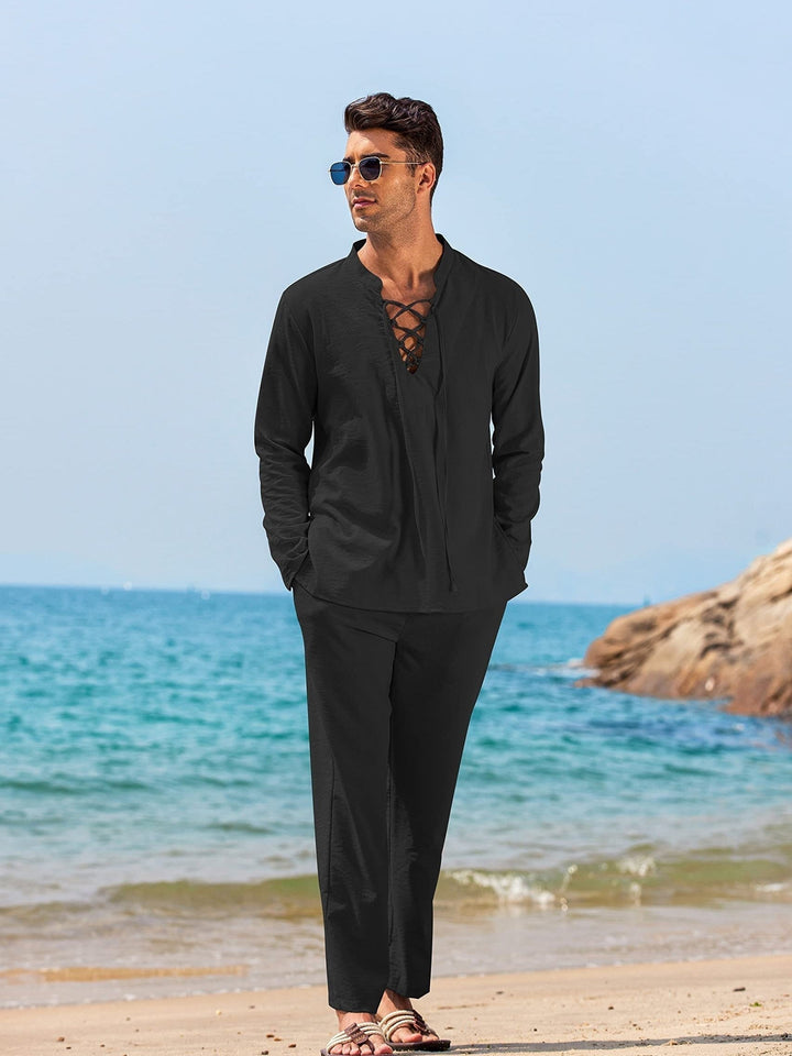 Men's Long Sleeve V-Neck Two-Piece Set, Top & Trousers