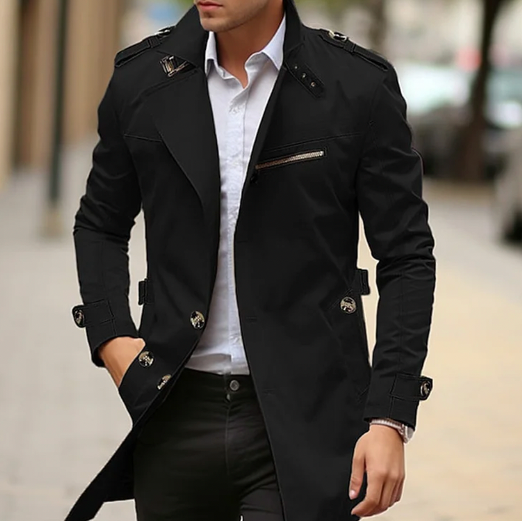 Men's Long Structured Collar Button Front Trench Coat