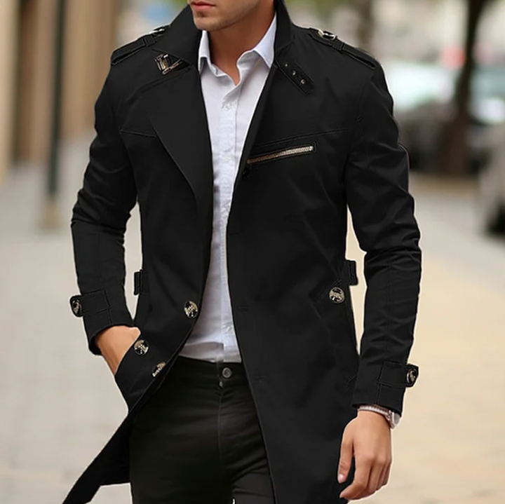 Men's Long Structured Collar Button Front Trench Coat