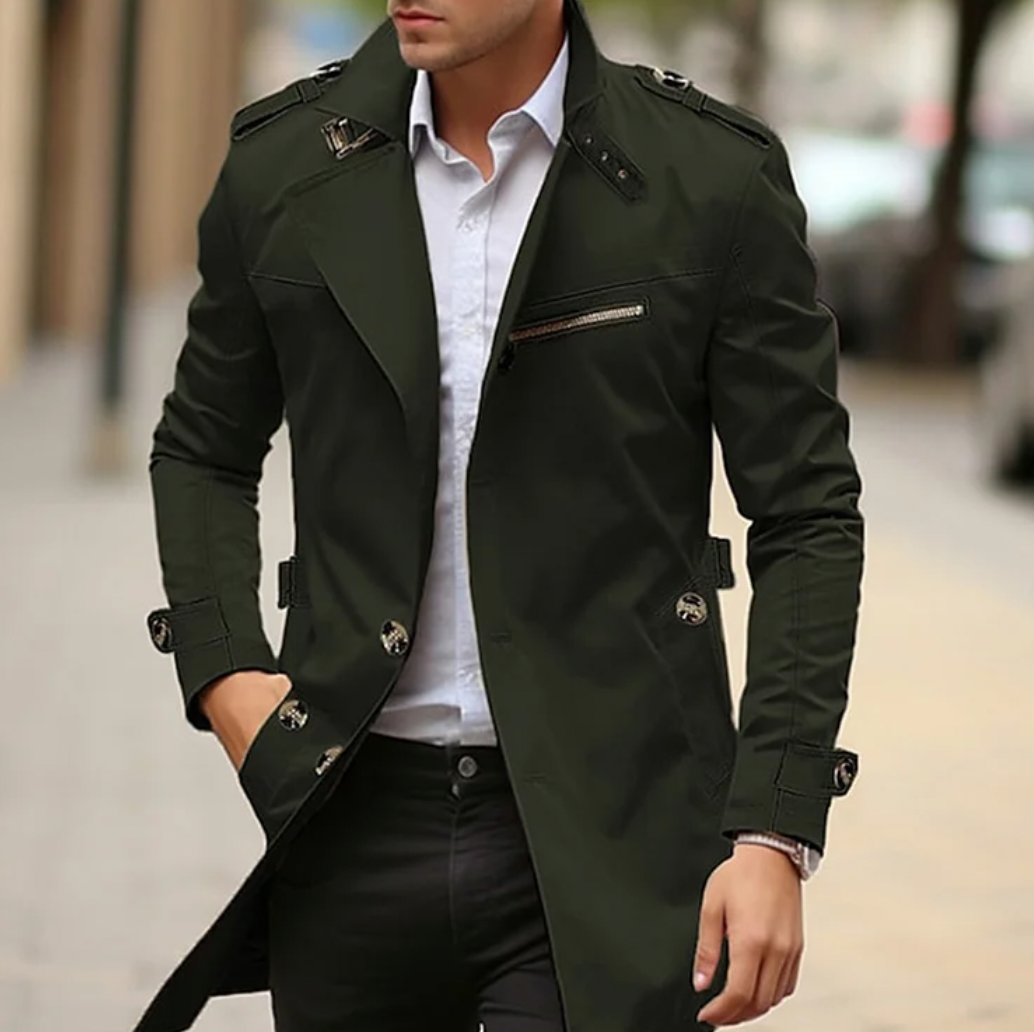 Men's Long Structured Collar Button Front Trench Coat