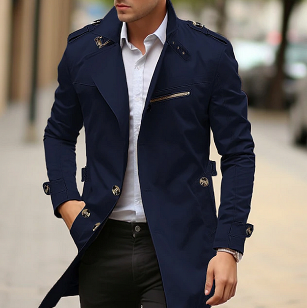 Men's Long Structured Collar Button Front Trench Coat