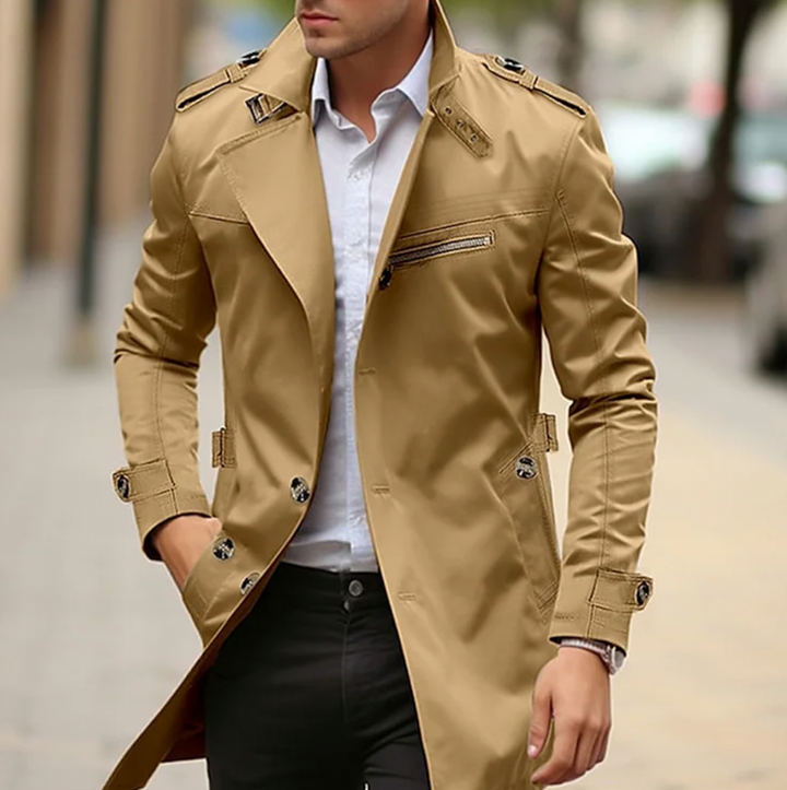 Men's Long Structured Collar Button Front Trench Coat