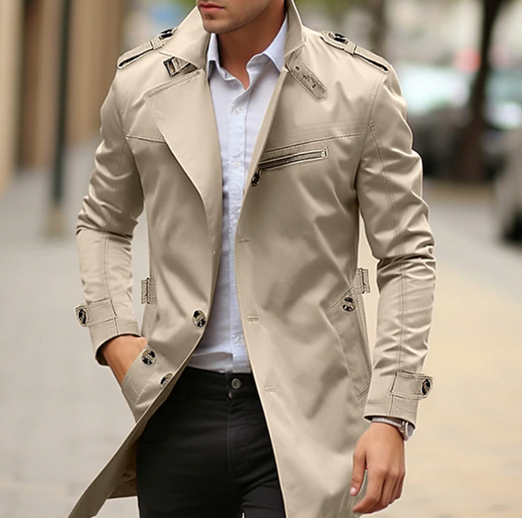 Men's Long Structured Collar Button Front Trench Coat