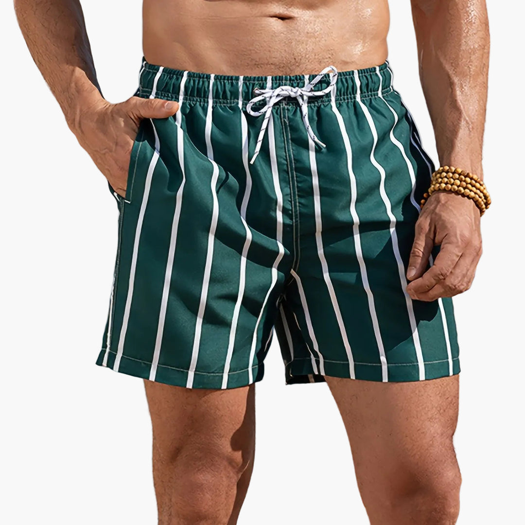 Men's Malachite Green Striped Swim Shorts Quick Dry with Pockets