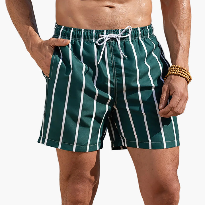 Men's Malachite Green Striped Swim Shorts Quick Dry with Pockets