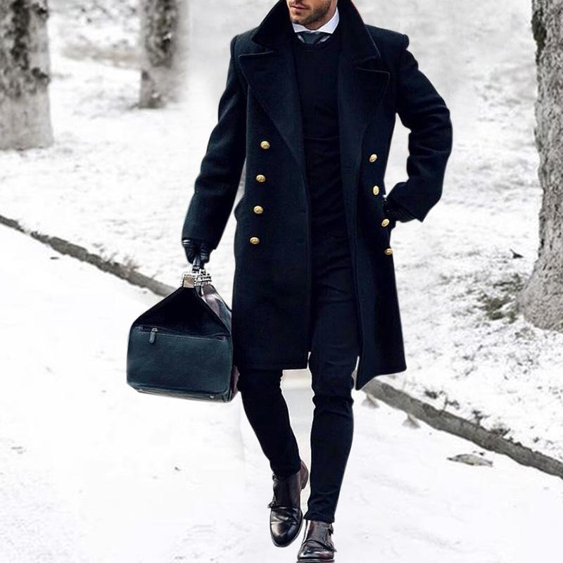 Men's Navy Long Winter Double Breasted Dress Coat