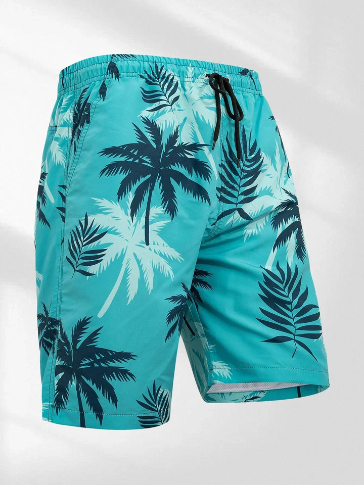 Men's Palm Print Swim Shorts, Quick-Dry Drawstring Beach Trunks