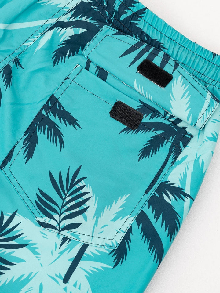 Men's Palm Print Swim Shorts, Quick-Dry Drawstring Beach Trunks