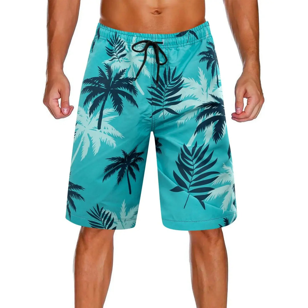 Men's Palm Print Swim Shorts, Quick-Dry Drawstring Beach Trunks