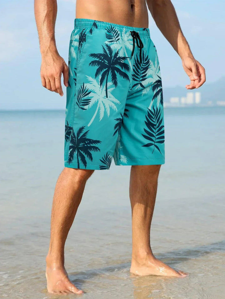 Men's Palm Print Swim Shorts, Quick-Dry Drawstring Beach Trunks
