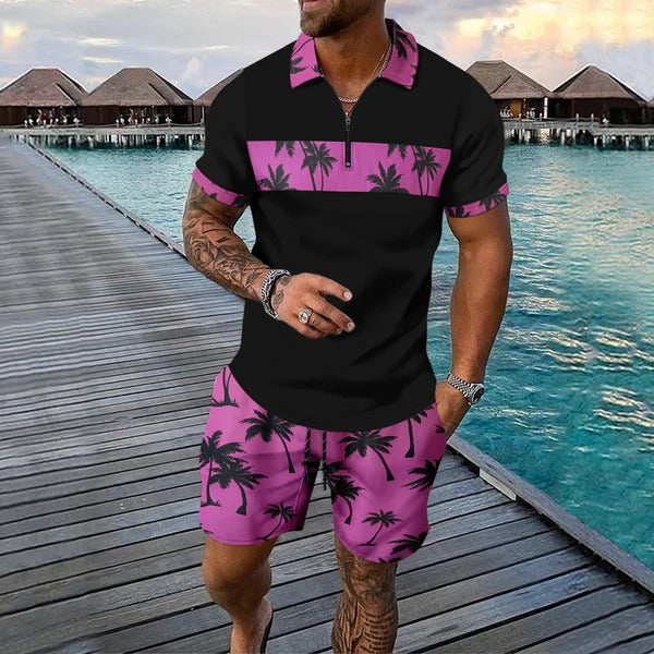 Men's Palm Print Zip Neck Top and Shorts Summer Set