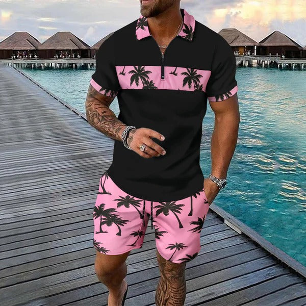 Men's Palm Print Zip Neck Top and Shorts Summer Set