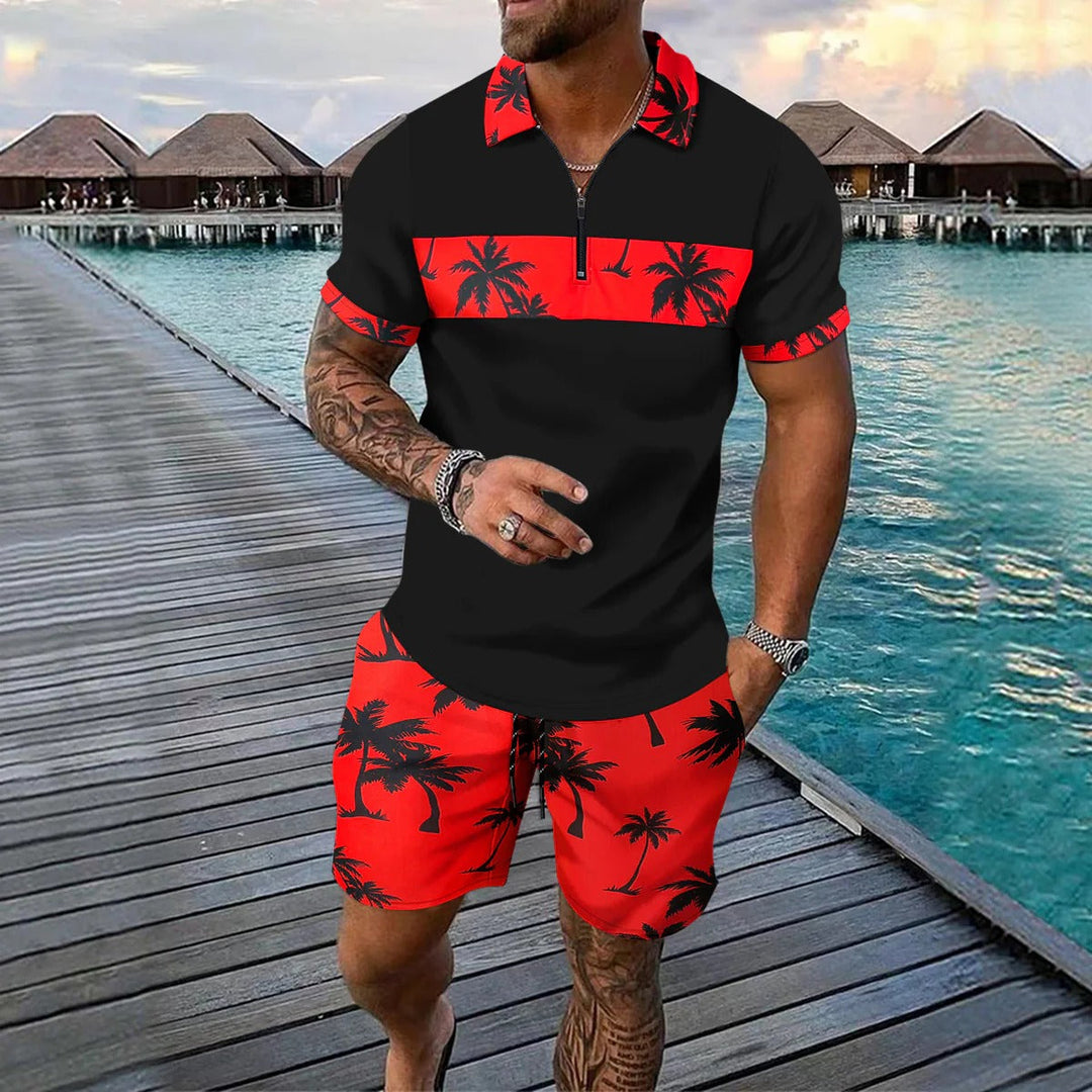 Men's Palm Print Zip Neck Top and Shorts Summer Set