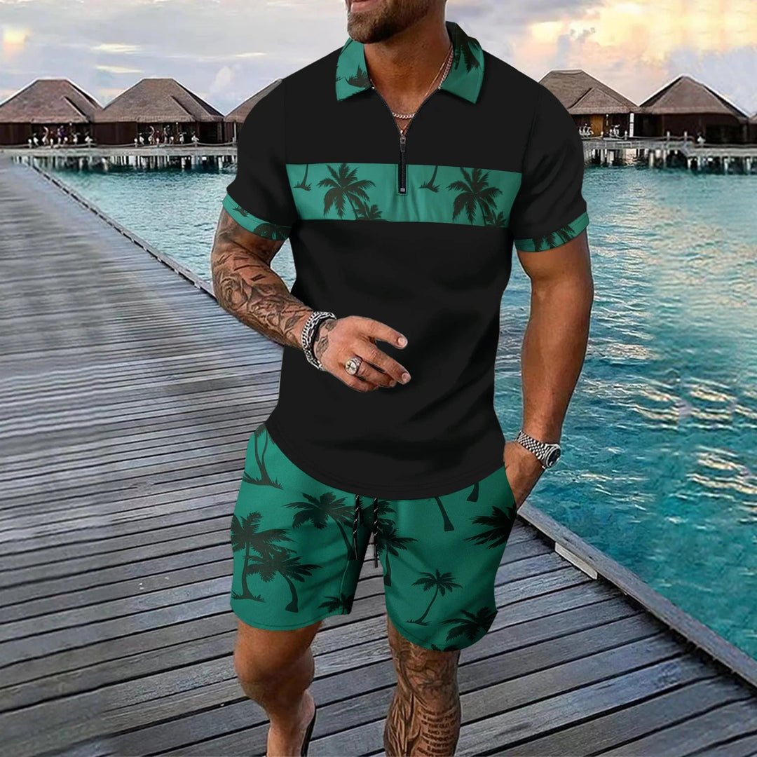 Men's Palm Print Zip Neck Top and Shorts Summer Set