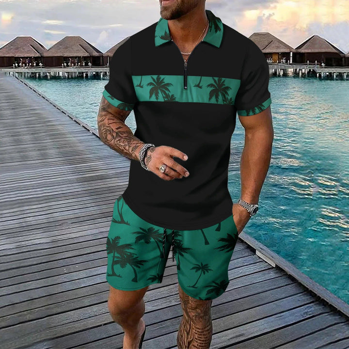 Men's Palm Print Zip Neck Top and Shorts Summer Set