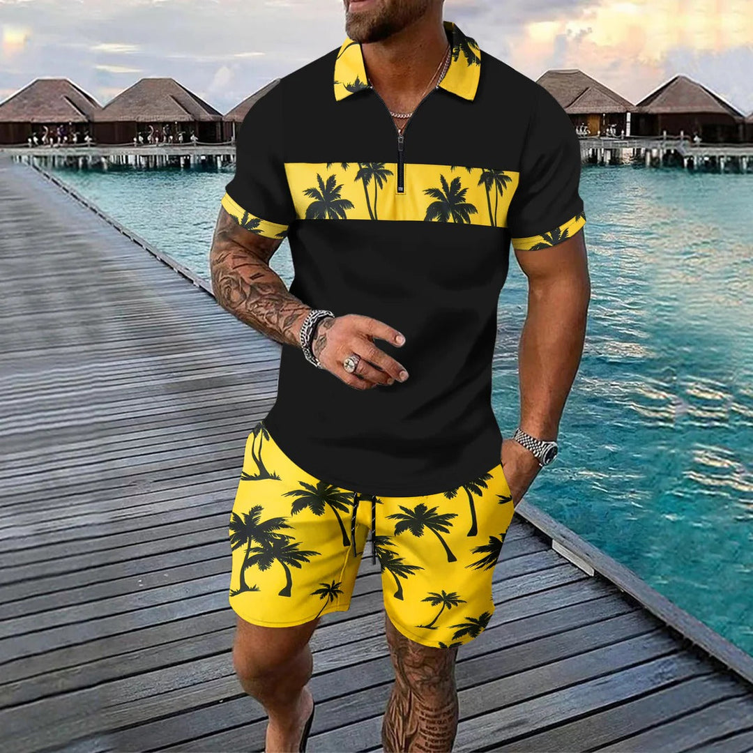 Men's Palm Print Zip Neck Top and Shorts Summer Set