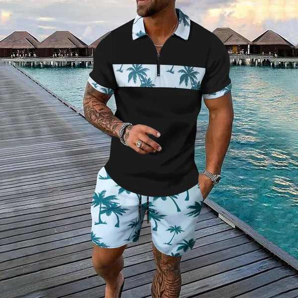 Men's Palm Print Zip Neck Top and Shorts Summer Set