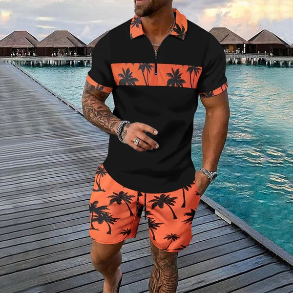 Men's Palm Print Zip Neck Top and Shorts Summer Set