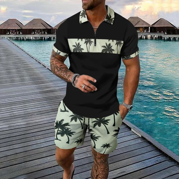 Men's Palm Print Zip Neck Top and Shorts Summer Set