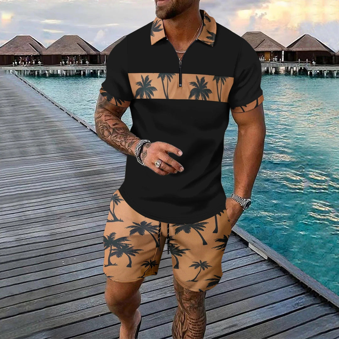 Men's Palm Print Zip Neck Top and Shorts Summer Set