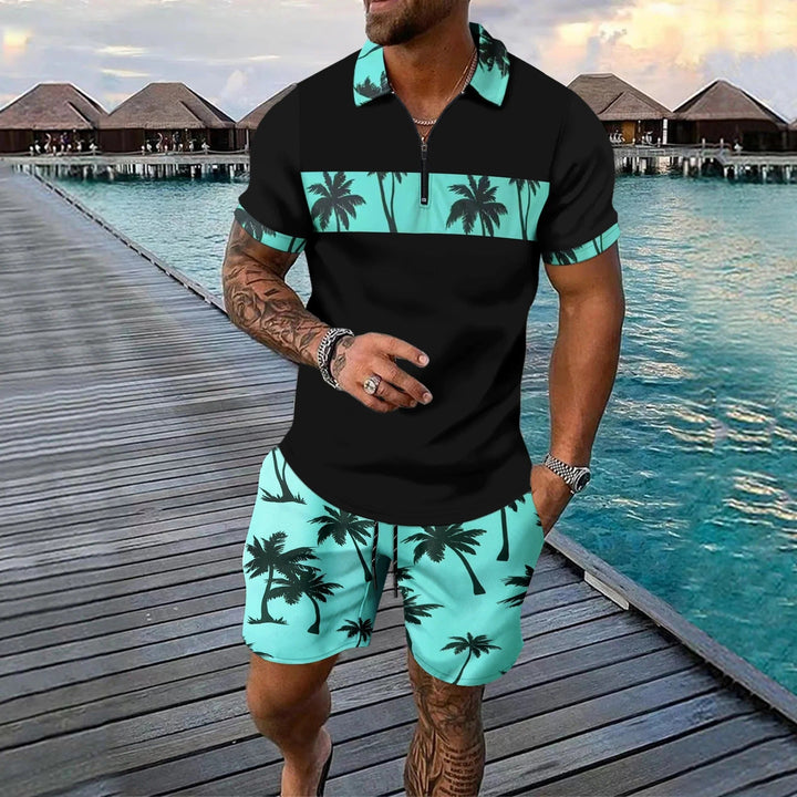 Men's Palm Print Zip Neck Top and Shorts Summer Set