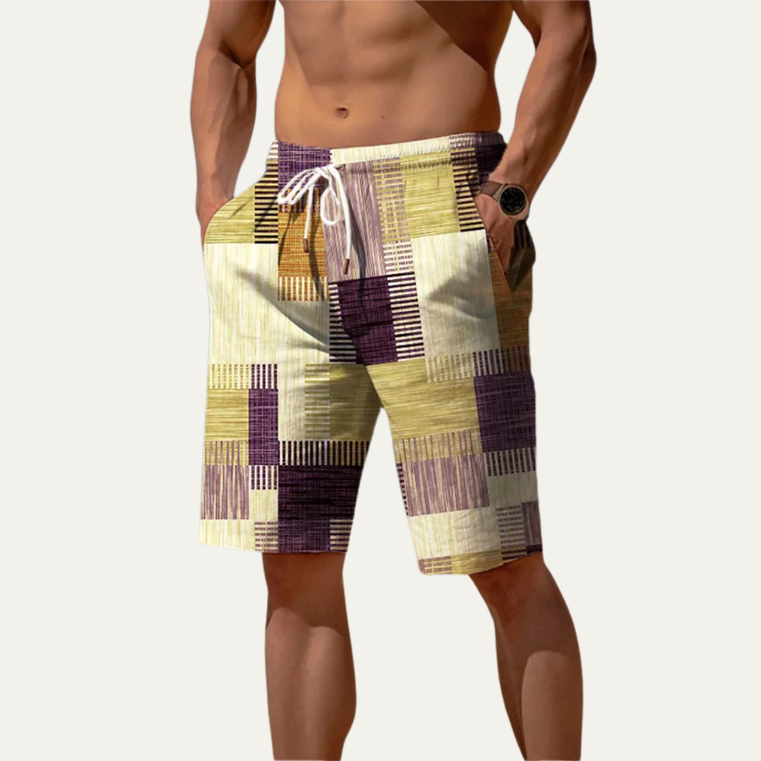 Men's Patchwork Check Shorts Knee-Length Plaid Casual Summer