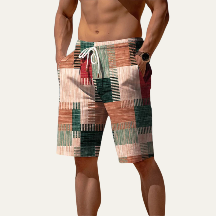 Men's Patchwork Check Shorts Knee-Length Plaid Casual Summer