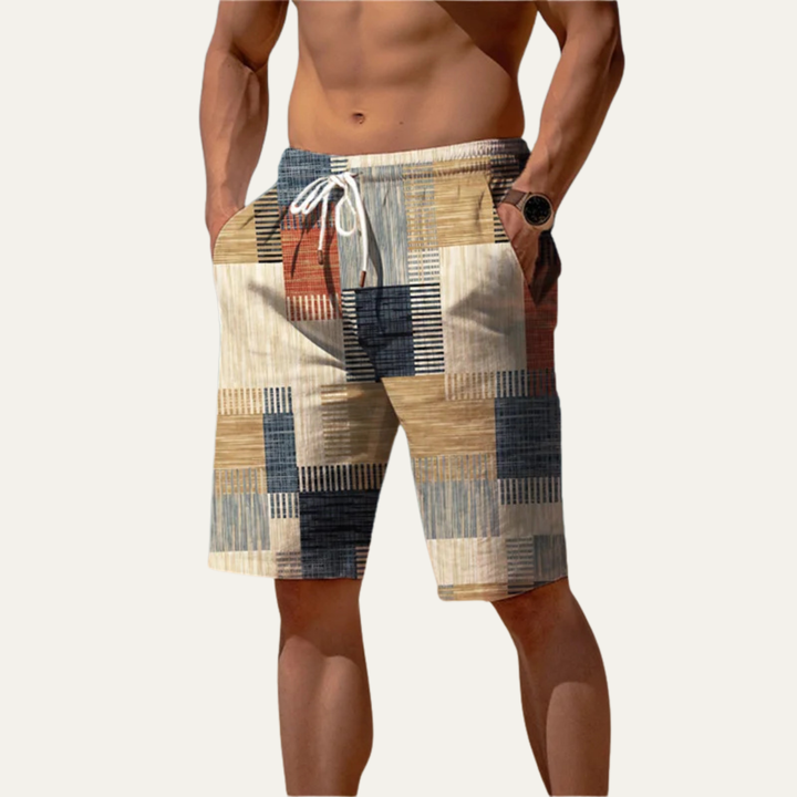 Men's Patchwork Check Shorts Knee-Length Plaid Casual Summer
