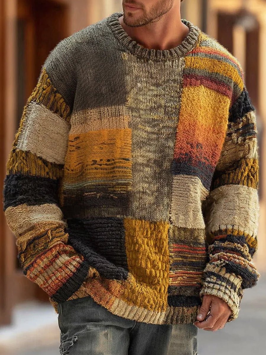 Men's Patchwork Colorblock Crewneck Long Sleeve Knit Sweater