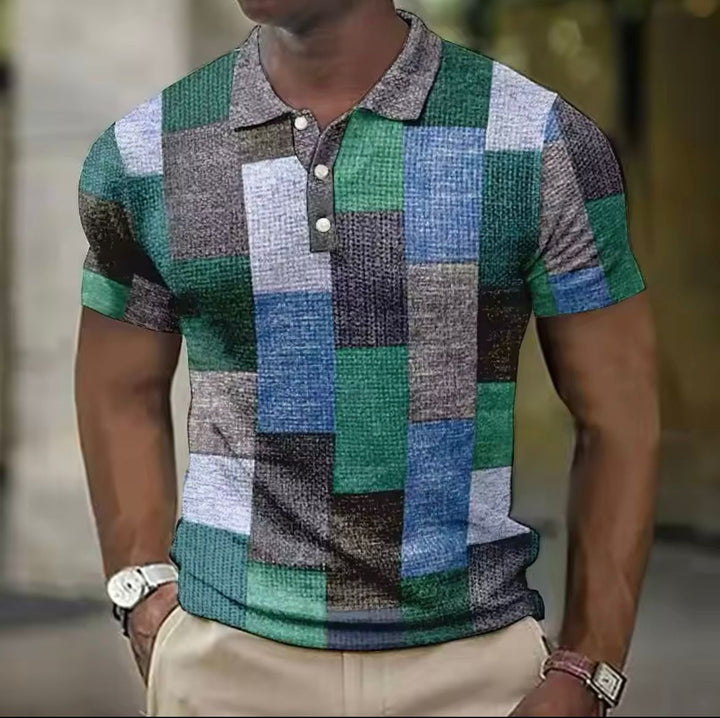 Men's Patchwork Knit Short Sleeve Polo Shirt with Contrast Collar