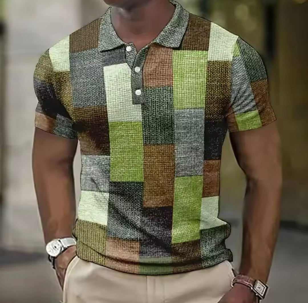 Men's Patchwork Knit Short Sleeve Polo Shirt with Contrast Collar