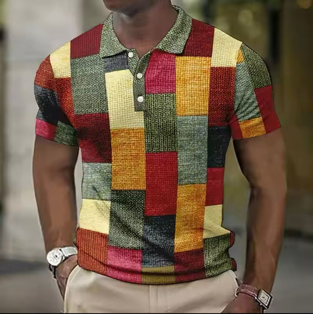 Men's Patchwork Knit Short Sleeve Polo Shirt with Contrast Collar