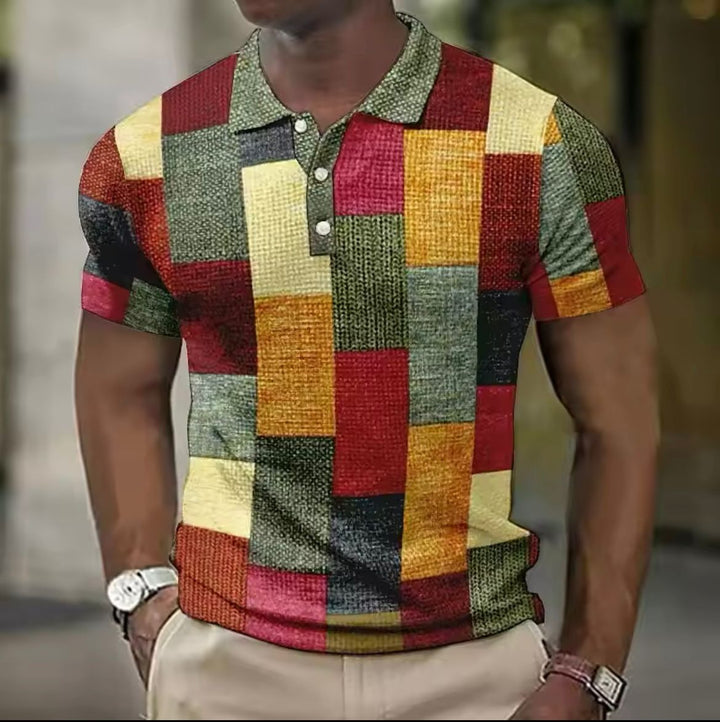 Men's Patchwork Knit Short Sleeve Polo Shirt with Contrast Collar