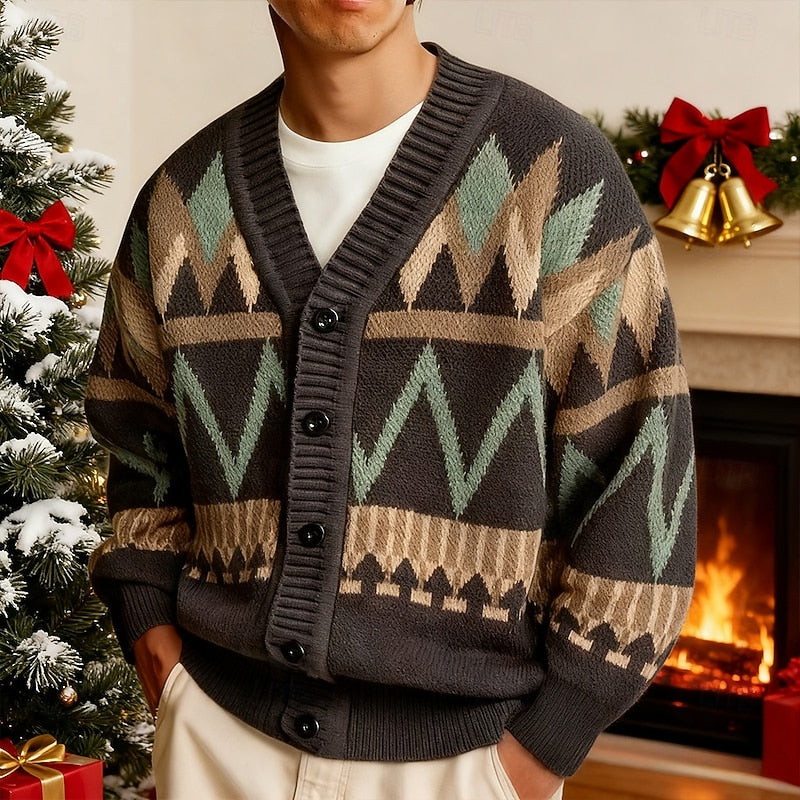 Men's Patterned V Neck Button Front Knit Cardigan Sweater
