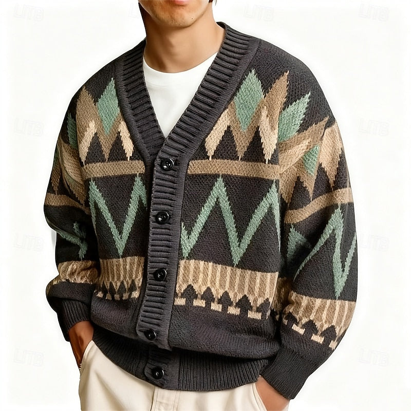 Men's Patterned V Neck Button Front Knit Cardigan Sweater