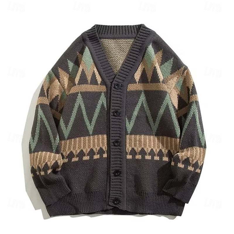 Men's Patterned V Neck Button Front Knit Cardigan Sweater