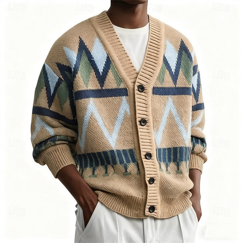 Men's Patterned V Neck Button Front Knit Cardigan Sweater