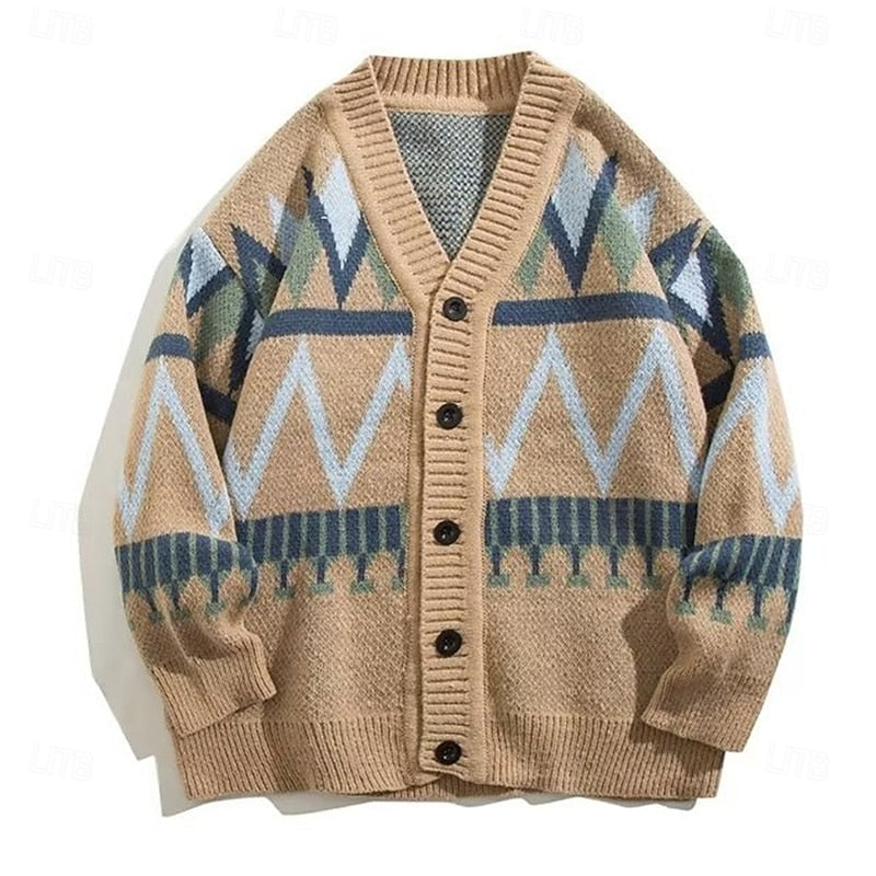 Men's Patterned V Neck Button Front Knit Cardigan Sweater