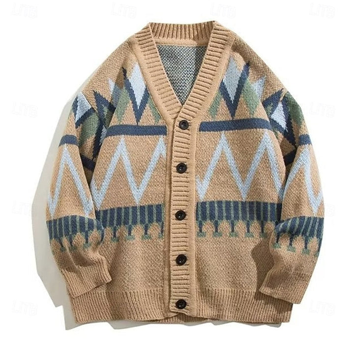 Men's Patterned V Neck Button Front Knit Cardigan Sweater