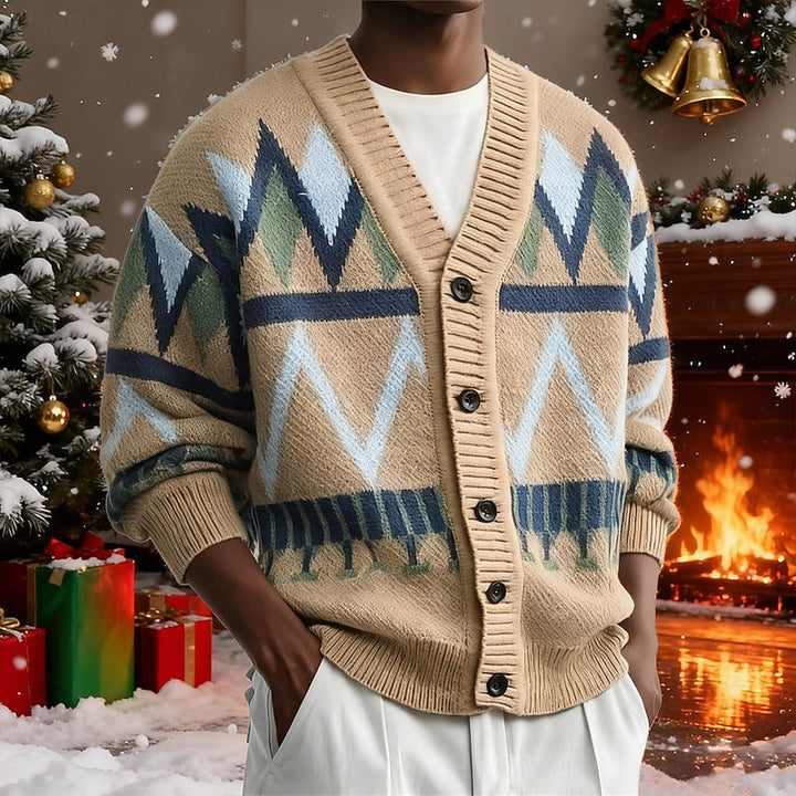 Men's Patterned V Neck Button Front Knit Cardigan Sweater