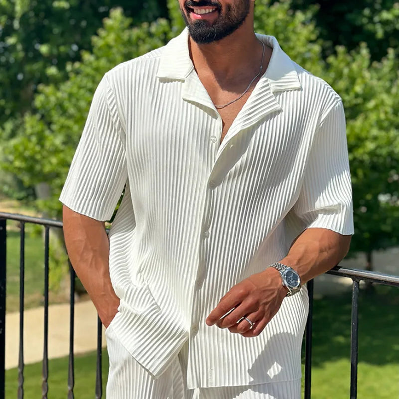 Men's Pleated Camp Collar Shirt and Shorts Set, Smart Summer Co-ord
