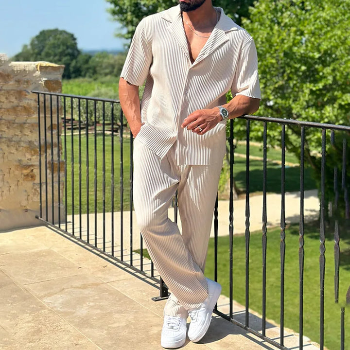 Men's Pleated Camp Collar Shirt and Shorts Set, Smart Summer Co-ord