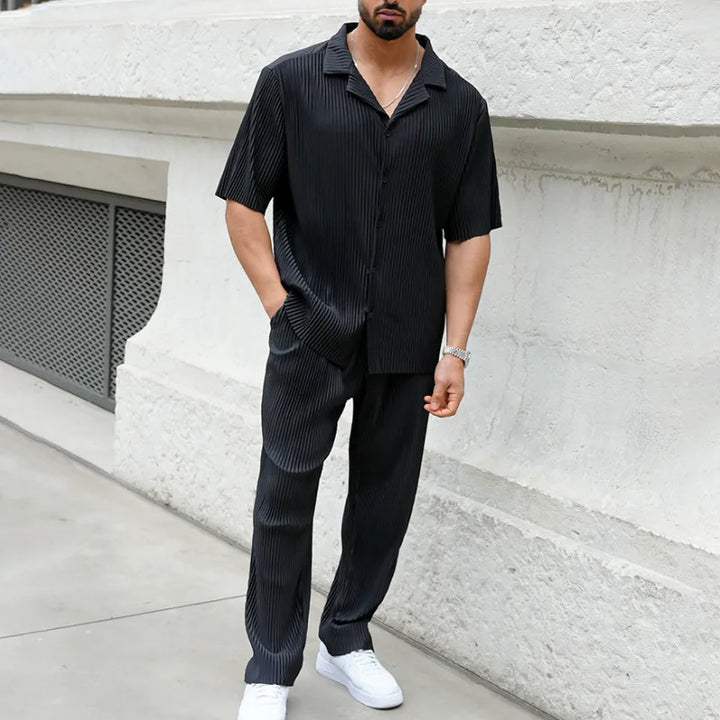 Men's Pleated Camp Collar Shirt and Shorts Set, Smart Summer Co-ord