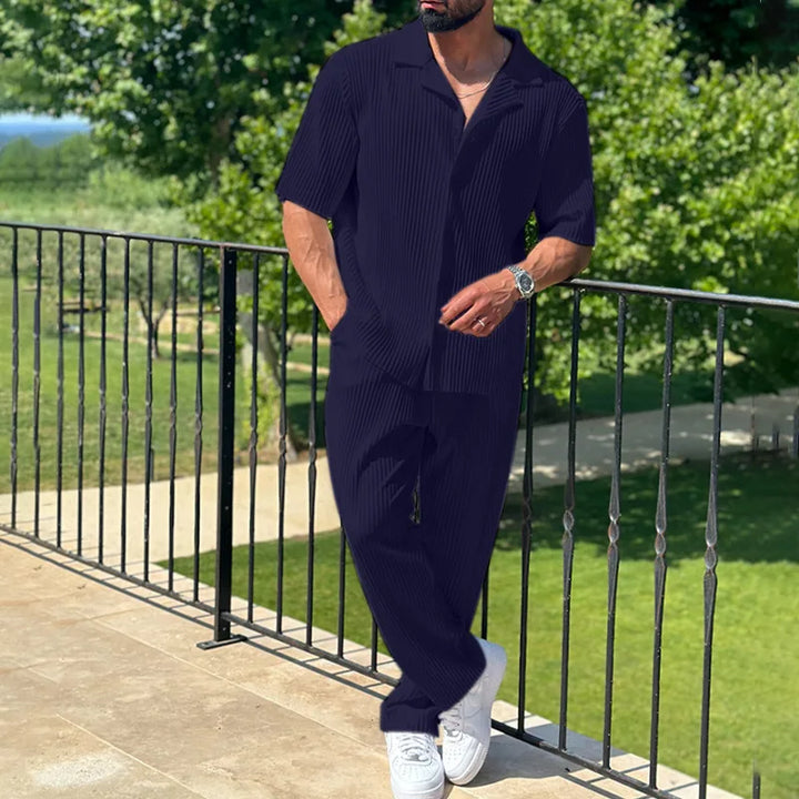 Men's Pleated Camp Collar Shirt and Shorts Set, Smart Summer Co-ord
