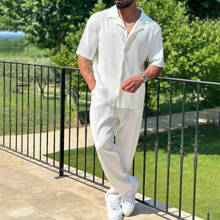 Men's Pleated Camp Collar Shirt and Shorts Set, Smart Summer Co-ord