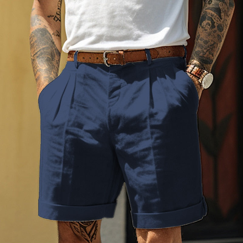 Men's Pleated Linen Shorts with Belt, Tailored Smart Summer Shorts