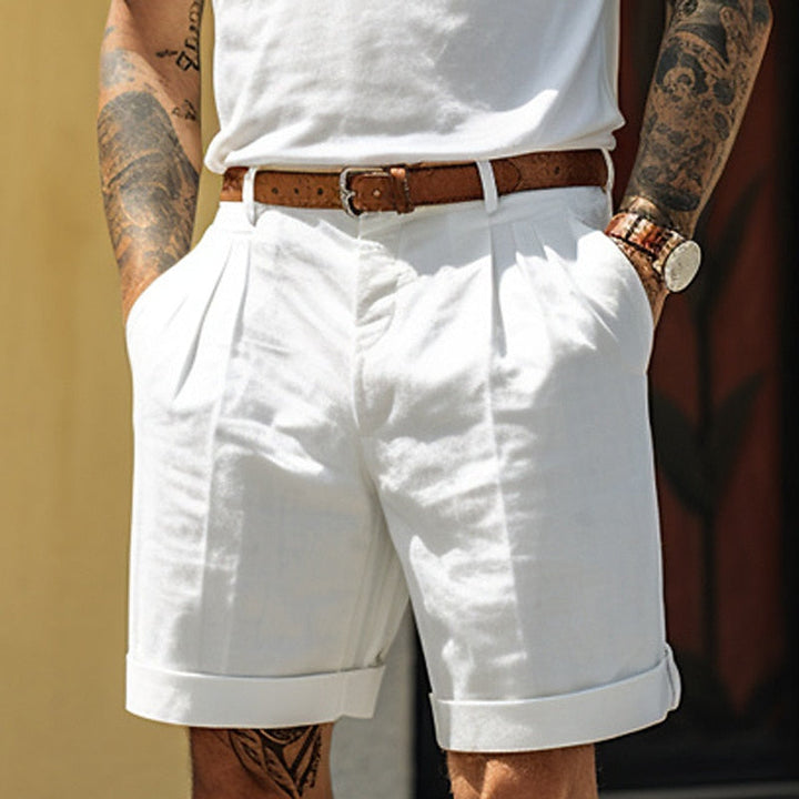 Men's Pleated Linen Shorts with Belt, Tailored Smart Summer Shorts
