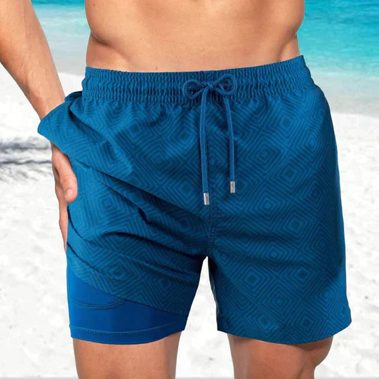 Men's Printed Quick Dry Lined Swim Shorts, Drawstring Waist