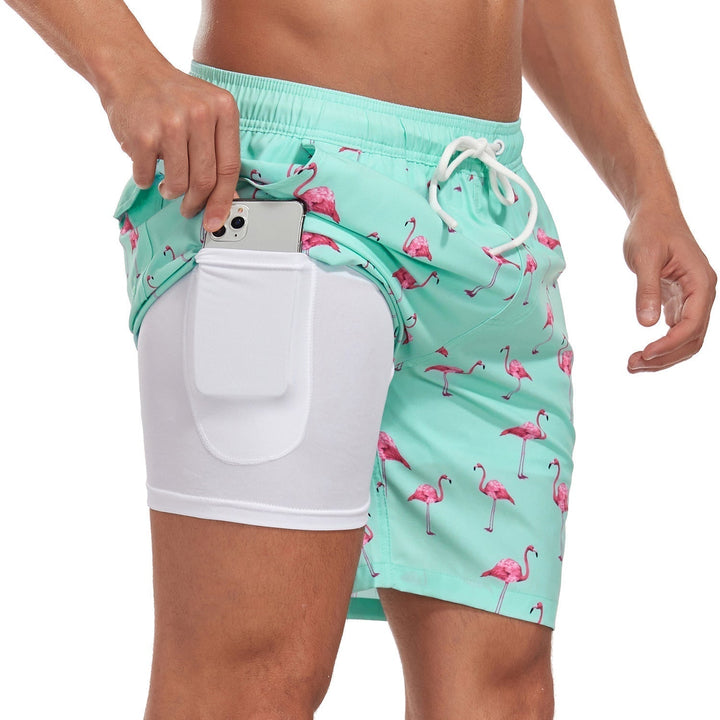 Men's Printed Quick Dry Lined Swim Shorts, Drawstring Waist